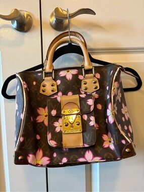 Louis Vuitton Brown Satchel with Pink Floral Print and Tan Trim
